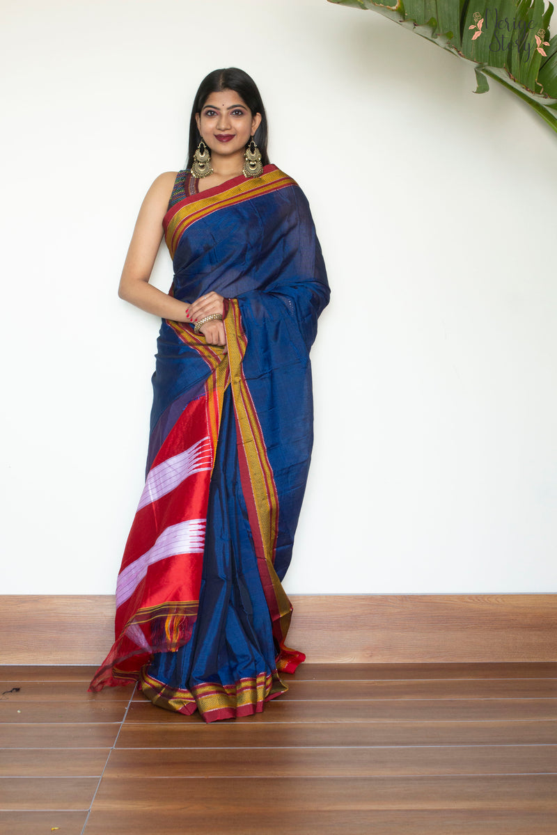 Traditional Cotton Silk Ilkal Handloom Maroon And Blue Border Saree in  Pollachi at best price by Very Much Indian - Justdial